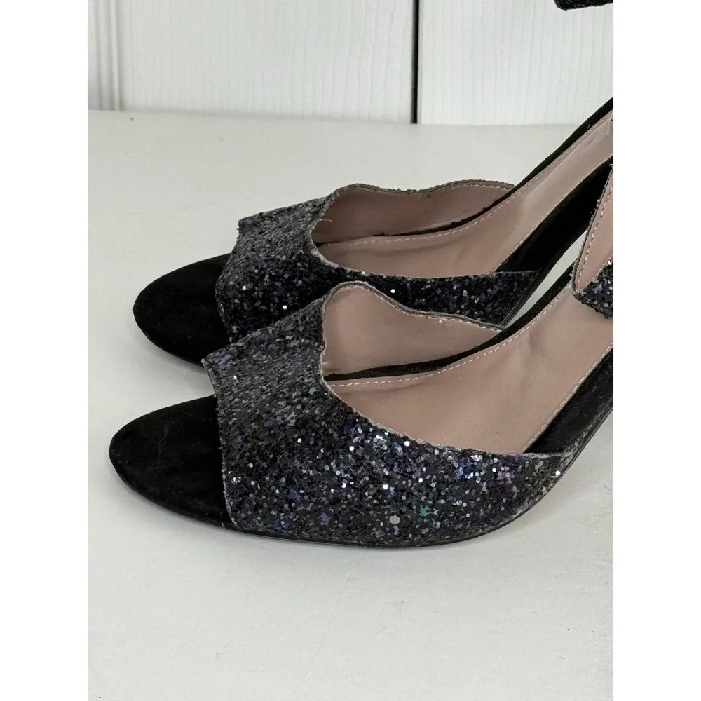 Betsey Johnson Glissten Black Glitter Heels Peep Toe Adjustable Ankle Strap Sz 9 - Picture 7 of 15